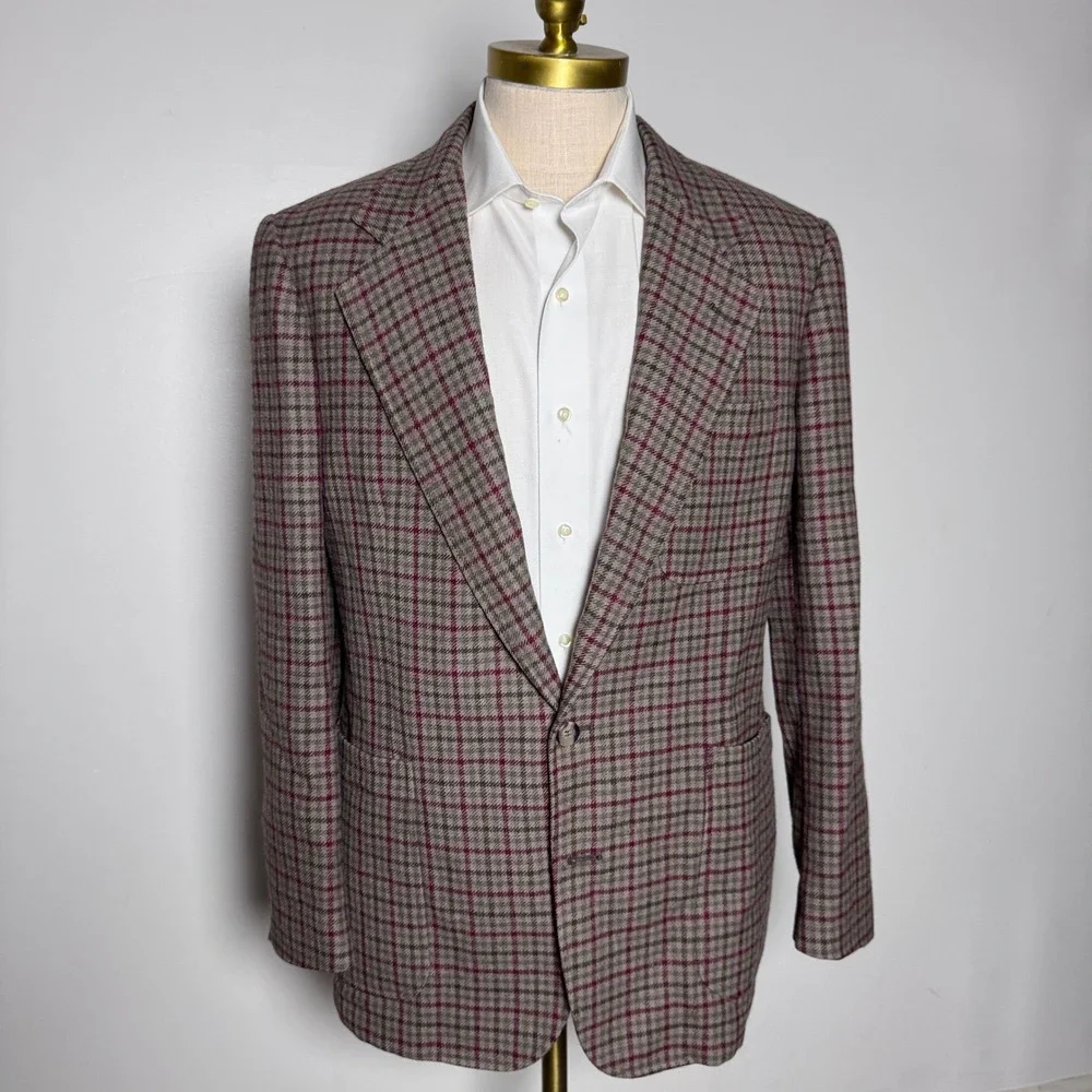 1980s Stanley Blacker Blazer Mens 38R Gray Burgundy Plaid Wool Vintage USA